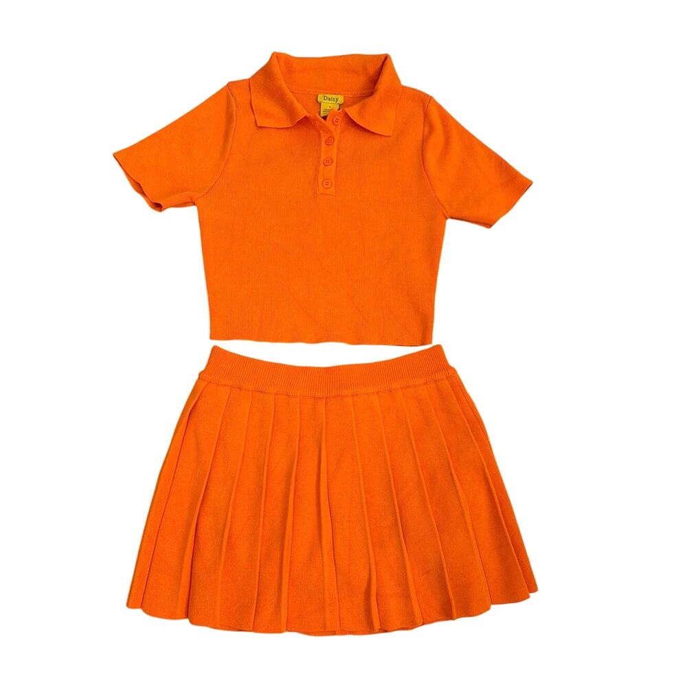 Daisy Polo Shirt Skirt Skort Set Preppy 2 Piece Matching Set Orange Size Small